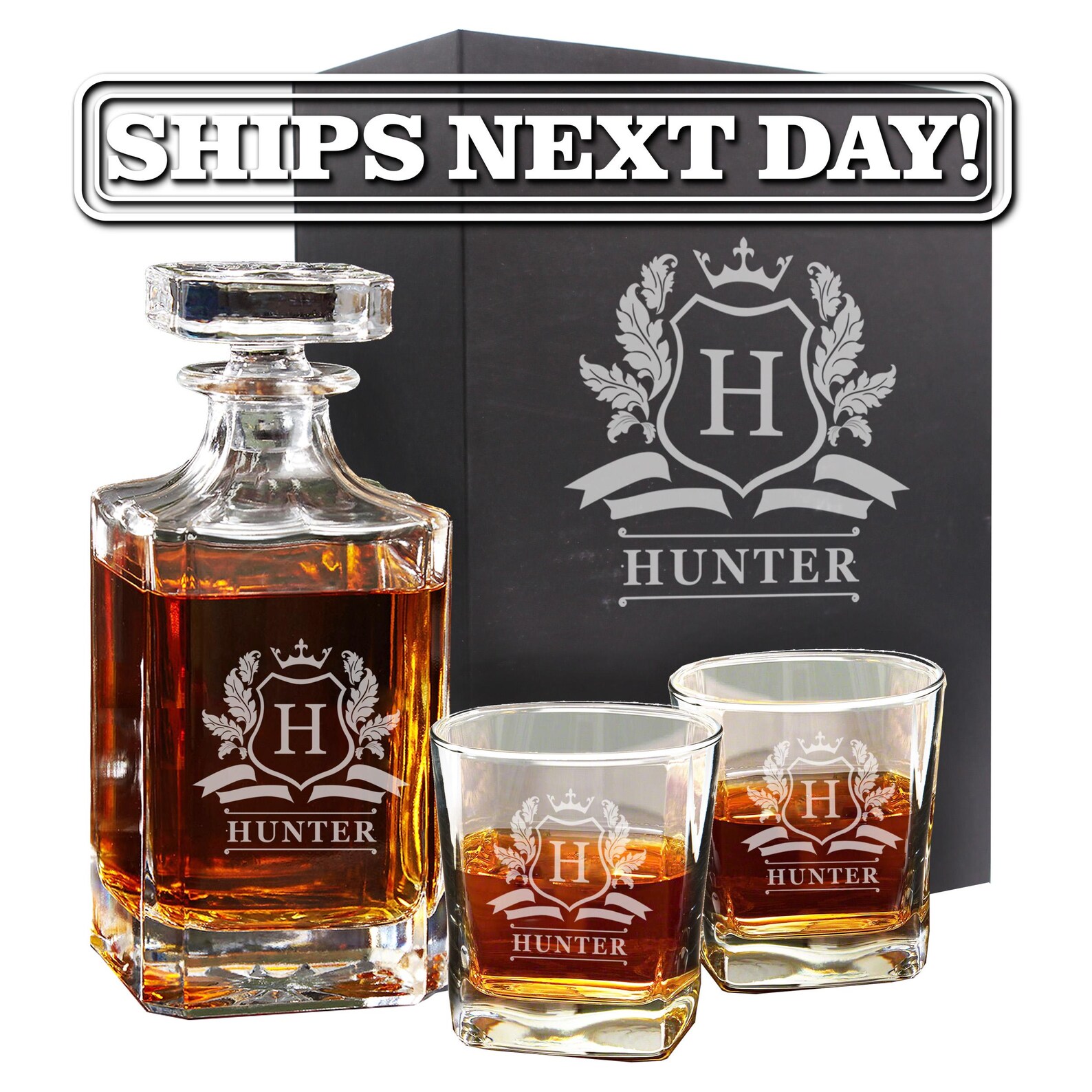 Personalized Decanter Set and Glasses with Gift Box  Custom Engraved Whiskey Bourbon Scotch Decanter with Gift Box  Liquor Decanter Gift