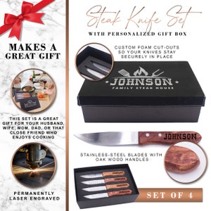 May include: Set of four steak knives with oak wood handles and stainless steel blades. The knives are laser engraved with the text "JOHNSON FAMILY STEAK HOUSE". The knives come in a black gift box with a custom foam insert to keep the knives secure.