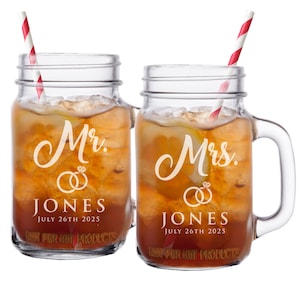 Mr and Mrs Mason Jar Glasses, Personalized Mason Jars, Mr and Mrs Gifts,  Etched Mason Jar, Gifts for Couples, Engraved Mason Jar, Set of 2