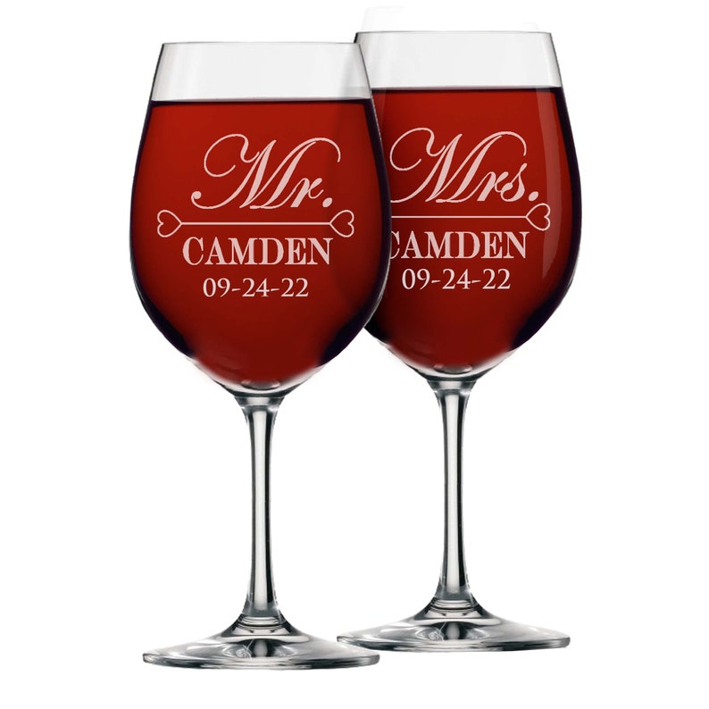 Custom Wine Glasses, Personalized Wine Glasses, Mr and Mrs Gifts, Mr and Mrs Glasses, Etched Wine Glasses, Engraved Wine Glass, Set of 2 image 5