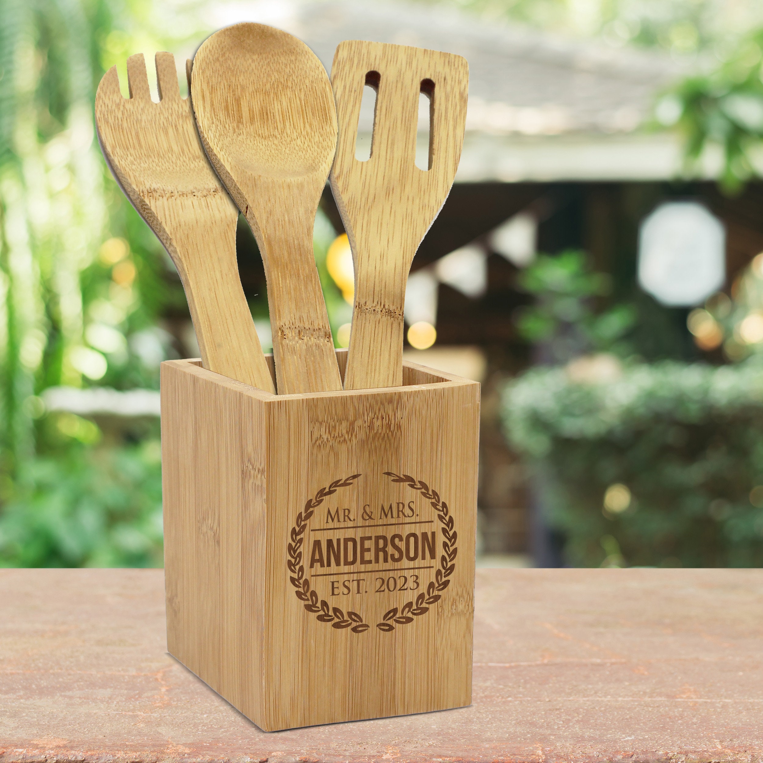Bamboo Kitchen Utensil Holder, Kitchen Decor with Family Quote, Housew –  Joyful Moose