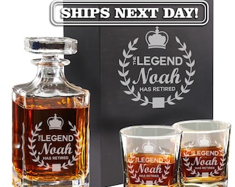 Retirement Decanter Set and Glasses with Gift Box - Custom Engraved Coworker Retirement Gift for Men