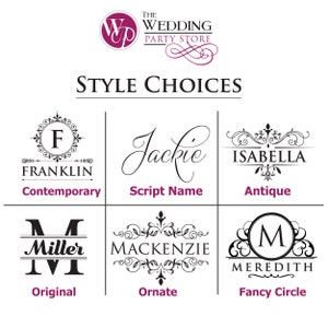 May include: A graphic display titled The Wedding Party Store Style Choices featuring six black text and design options: Franklin, Jackie, Isabella, Miller, Mackenzie, and Meredith, each with distinct typography and decorative flourishes.