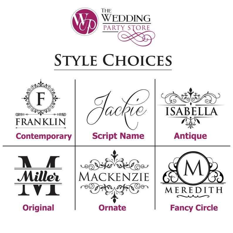May include: A graphic display titled The Wedding Party Store Style Choices featuring six black text and design options: Franklin, Jackie, Isabella, Miller, Mackenzie, and Meredith, each with distinct typography and decorative flourishes.