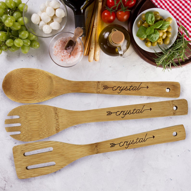 Wooden Utensil Set Bamboo Utensils Cooking Party Favors Personalized Cooking Gifts Housewarming Gift Wedding Favors Utensil Set image 3