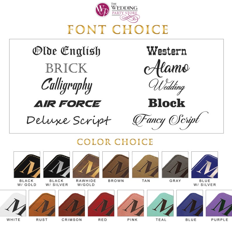 May include: A chart displaying font and colour options for customisation. Font styles include Olde English, Brick, Calligraphy, Air Force, Deluxe Script, Western, Alamo, Wedding, Block, and Fancy Script. Colour swatches show the letter M in various shades.