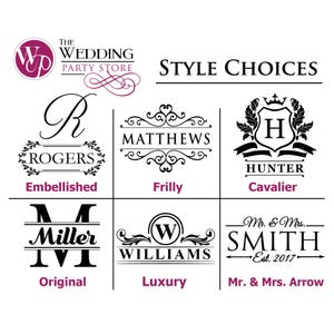 Może przedstawiać: Grafika przedstawiająca r&oacute;żne style monogram&oacute;w na prezenty ślubne. Style obejmują Embellished, Frilly, Cavalier, Original, Luxury i Mr & Mrs Arrow. Grafika zawiera tekst "The Wedding Party Store" i "Style Choices".