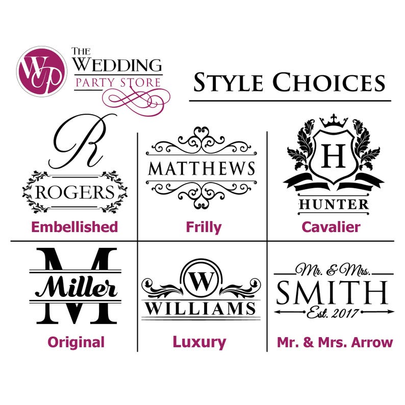 Może przedstawiać: Grafika przedstawiająca r&oacute;żne style monogram&oacute;w na prezenty ślubne. Style obejmują Embellished, Frilly, Cavalier, Original, Luxury i Mr & Mrs Arrow. Grafika zawiera tekst "The Wedding Party Store" i "Style Choices".