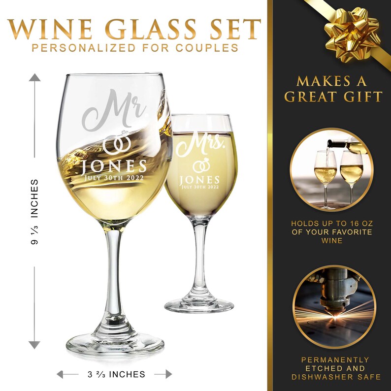 Custom Wine Glasses, Personalized Wine Glasses, Mr and Mrs Gifts, Mr and Mrs Glasses, Etched Wine Glasses, Engraved Wine Glass, Set of 2 image 3