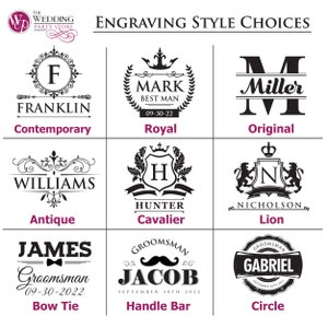 Op de afbeelding: Negen verschillende graveerstijlen voor gepersonaliseerde geschenken. De stijlen omvatten: Contemporary, Royal, Original, Antique, Cavalier, Lion, Bow Tie, Handle Bar en Circle. Elke stijl heeft een ander ontwerp en lettertype.