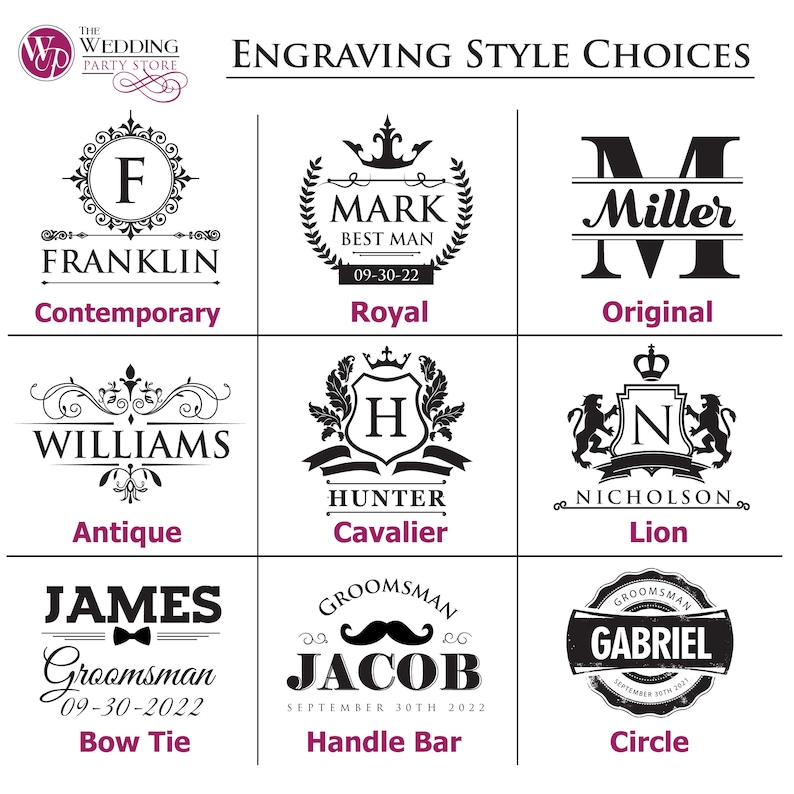Op de afbeelding: Negen verschillende graveerstijlen voor gepersonaliseerde geschenken. De stijlen omvatten: Contemporary, Royal, Original, Antique, Cavalier, Lion, Bow Tie, Handle Bar en Circle. Elke stijl heeft een ander ontwerp en lettertype.