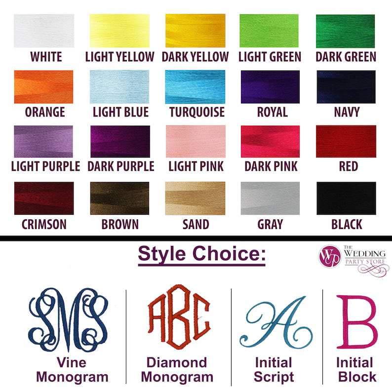 May include: A chart of 16 different embroidery floss colors with names for each color. Below the chart are four different monogram styles: Vine Monogram, Diamond Monogram, Initial Script, and Initial Block.