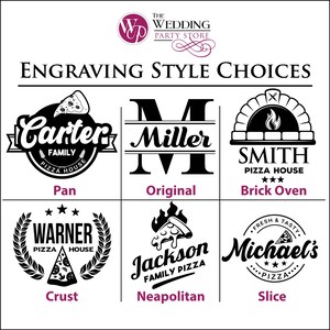 Peut inclure: Graphique pr&eacute;sentant six choix de styles de gravure sur le th&egrave;me de la pizza. Chaque design comprend du texte tel que "Carter Family Pizza House" et "Smith Pizza House". Les designs sont en noir et blanc, avec un graphique de part de pizza.
