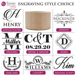 May include: Nine different engraving styles for personalised gifts. The styles include: Sophisticated, Original, Bride & Groom, Jewel, Garland, Luxury, and Wedding Script. The styles are shown with sample names and dates.