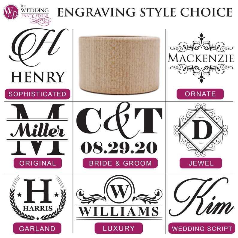May include: Nine different engraving styles for personalised gifts. The styles include: Sophisticated, Original, Bride & Groom, Jewel, Garland, Luxury, and Wedding Script. The styles are shown with sample names and dates.