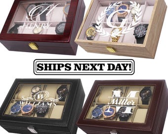 Personalized 6 Slot Watch Box - Wood Watch Box - Wooden Watch Case Glass Lid - Custom Engrave 10 Watch Box - 6 Watch Case - 10 Watch Box