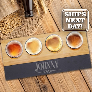 Beer Tasting Flight - Beer Flight Board Personalized - Beer Flight Paddle - Beer Flight Trays - Slate Bamboo Beer Tasting Flight and Glasses