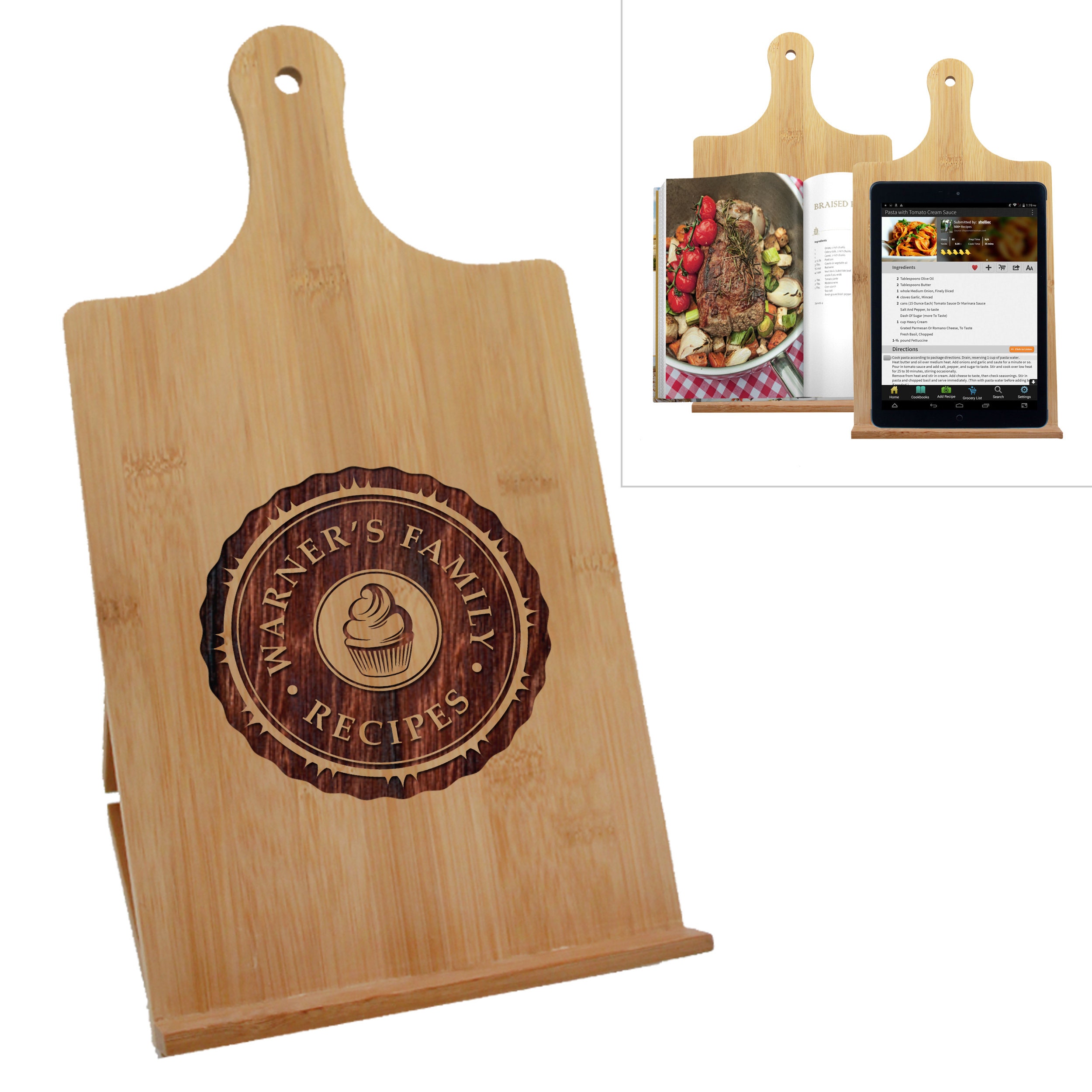 Wooden Cookbook Stand With Page Holder – Adjustable Recipe Book/iPad Holder, Wedding Gift Set With Mr & Mrs Apron - View #2
