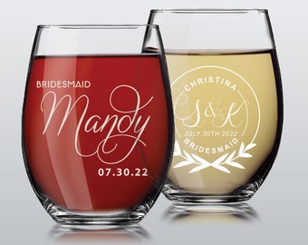 Personalized Stemless Wine Glasses, Etched Wine Glasses, Custom Wine Glasses, Bridesmaid Gift, Bridesmaid Stemless Wine Glasses, Usher Gift