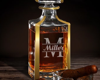 Wedding Gifts for Couple - Personalized Gold Trim Whiskey Decanter Set with Whiskey Glasses - Engraved Scotch Decanter Set With Gold Accents