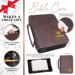 May include: A brown Bible cover with a handle, zipper, and gold-colored text that reads "JASON JONES MATTHEW 11:28". The cover is 7.5 inches wide and 10.5 inches tall. The cover has a nylon interior with two slots and an elastic band.