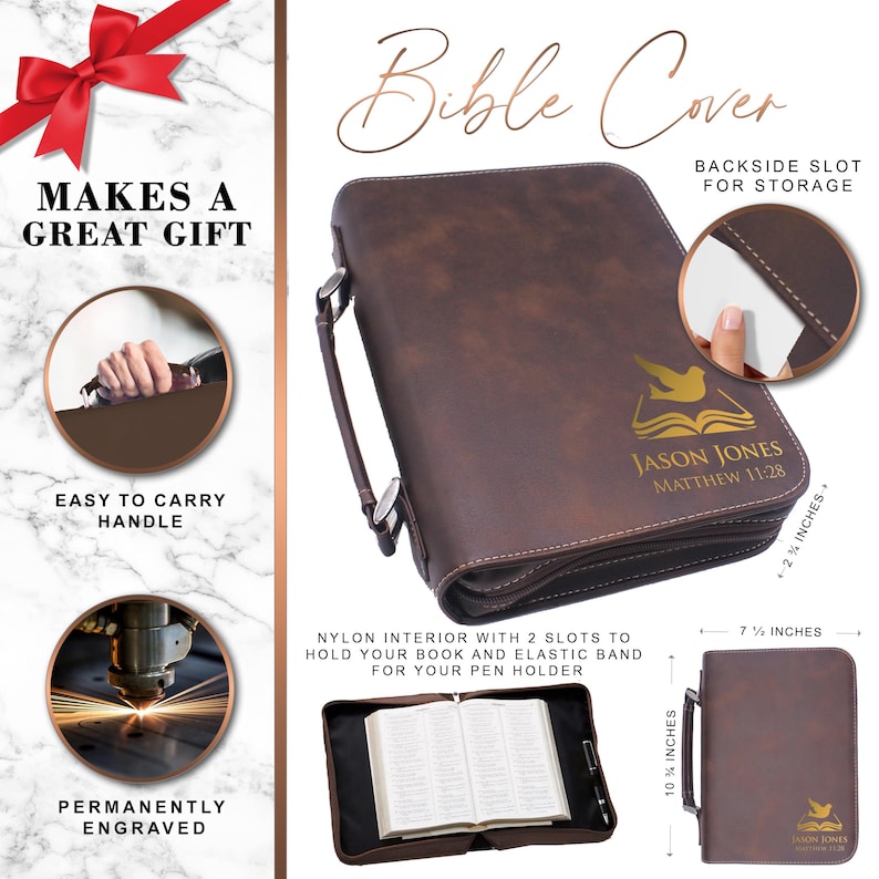 May include: A brown Bible cover with a handle, zipper, and gold-colored text that reads "JASON JONES MATTHEW 11:28". The cover is 7.5 inches wide and 10.5 inches tall. The cover has a nylon interior with two slots and an elastic band.