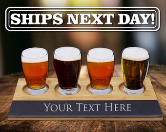 Custom Beer Flight Board - Beer Tasting Glasses and Paddle - Personalized Beer Tasting Flight - Slate and Bamboo Beer Flight with Glasses