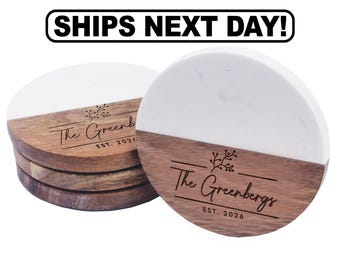 Marble and Acacia Coasters for Drinks - Couples Coasters - Personalized Marble and Wood Coasters - Wedding Coasters Marble Round