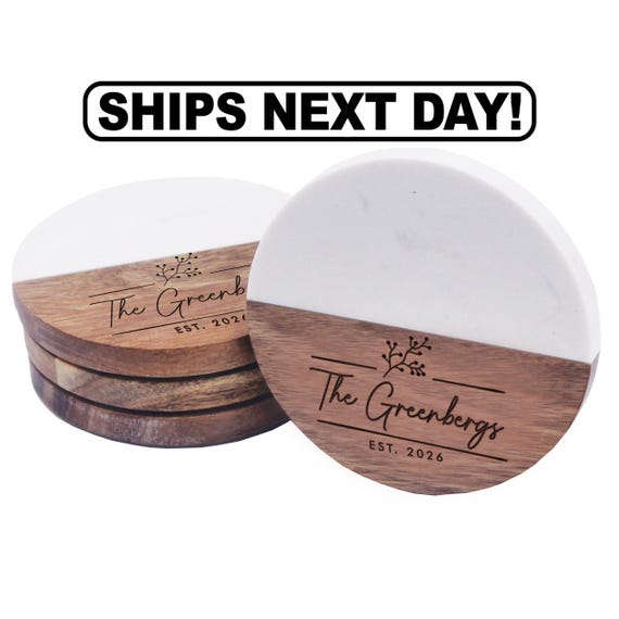 Marble and Acacia Coasters for Drinks - Couples Coasters - Personalized Marble and Wood Coasters - Wedding Coasters Marble Round