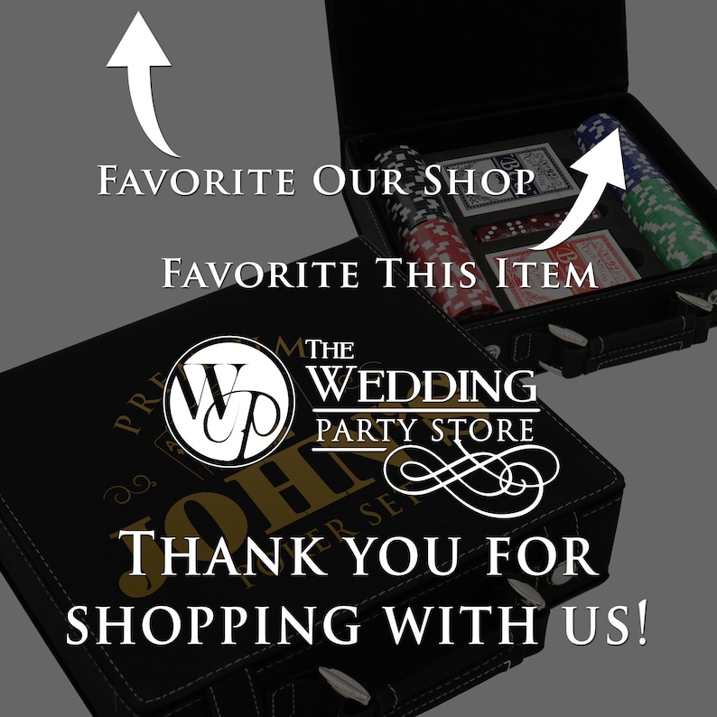Puede incluir: Malet&iacute;n de juego de p&oacute;quer de cuero negro con letras doradas y el texto "JOHN" y "PREMIUM POKER SET". El malet&iacute;n est&aacute; abierto, revelando fichas de p&oacute;quer, dados y naipes. El texto "THANK YOU FOR SHOPPING WITH US!"