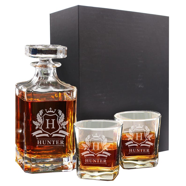 Personalized Decanter Set and Glasses with Gift Box - Custom Engraved Whiskey Bourbon Scotch Decanter with Gift Box - Liquor Decanter Gift