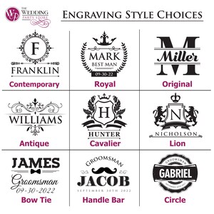May include: Nine different engraving styles for personalized gifts.  Styles include: Contemporary, Royal, Original, Antique, Cavalier, Lion, Bow Tie, Handle Bar, and Circle.
