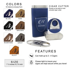 May include: A blue cigar case with white stitching, featuring a pocket for a silver cigar cutter. The case is personalized with the name HENRY and an H monogram. It measures 7 1/2 inches by 2 3/4 inches and holds 2 to 4 cigars securely.