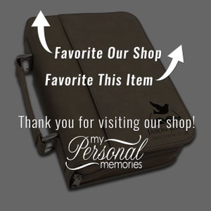 May include: A brown leather case with a handle and zipper closure. The case has the text "Favorite Our Shop, Favorite This Item, Thank you for visiting our shop! My Personal Memories". A dove graphic is also visible.