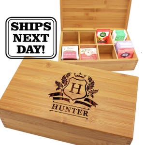 Tea Box Organizer - Bamboo Tea Set - Grandma Gift - Tea Caddy - Tea Bag Dispenser - Engraved Tea Box - Tea Chest -Hot Tea Gift -Wood Tea Box