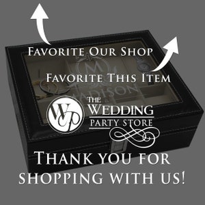 May include: A black leather watch box with a clear glass top. The box has multiple compartments and a silver clasp. The text "FAVORITE OUR SHOP" and "FAVORITE THIS ITEM" is displayed. The Wedding Party Store logo is visible.