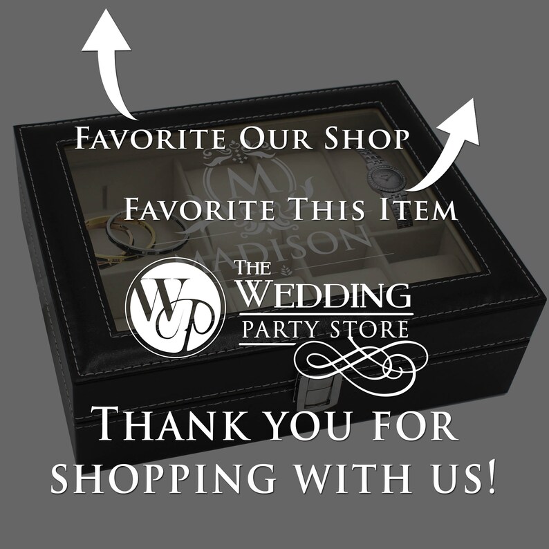 May include: A black leather watch box with a clear glass top. The box has multiple compartments and a silver clasp. The text "FAVORITE OUR SHOP" and "FAVORITE THIS ITEM" is displayed. The Wedding Party Store logo is visible.