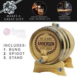 May include: Personalized wooden barrel with a metal band, engraved with "Mr. & Mrs. Anderson Est. 2021" and a laurel wreath design. The barrel is on a wooden stand and includes a bung, spigot, and stand.