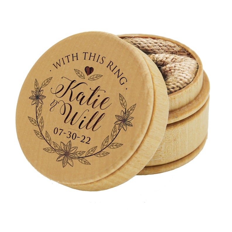 Ring Box Wood Round Ring Box Wedding Ring Boxes for Ceremony Rustic Ring Holder Monogram Ring Box His and Her Ring Box image 1