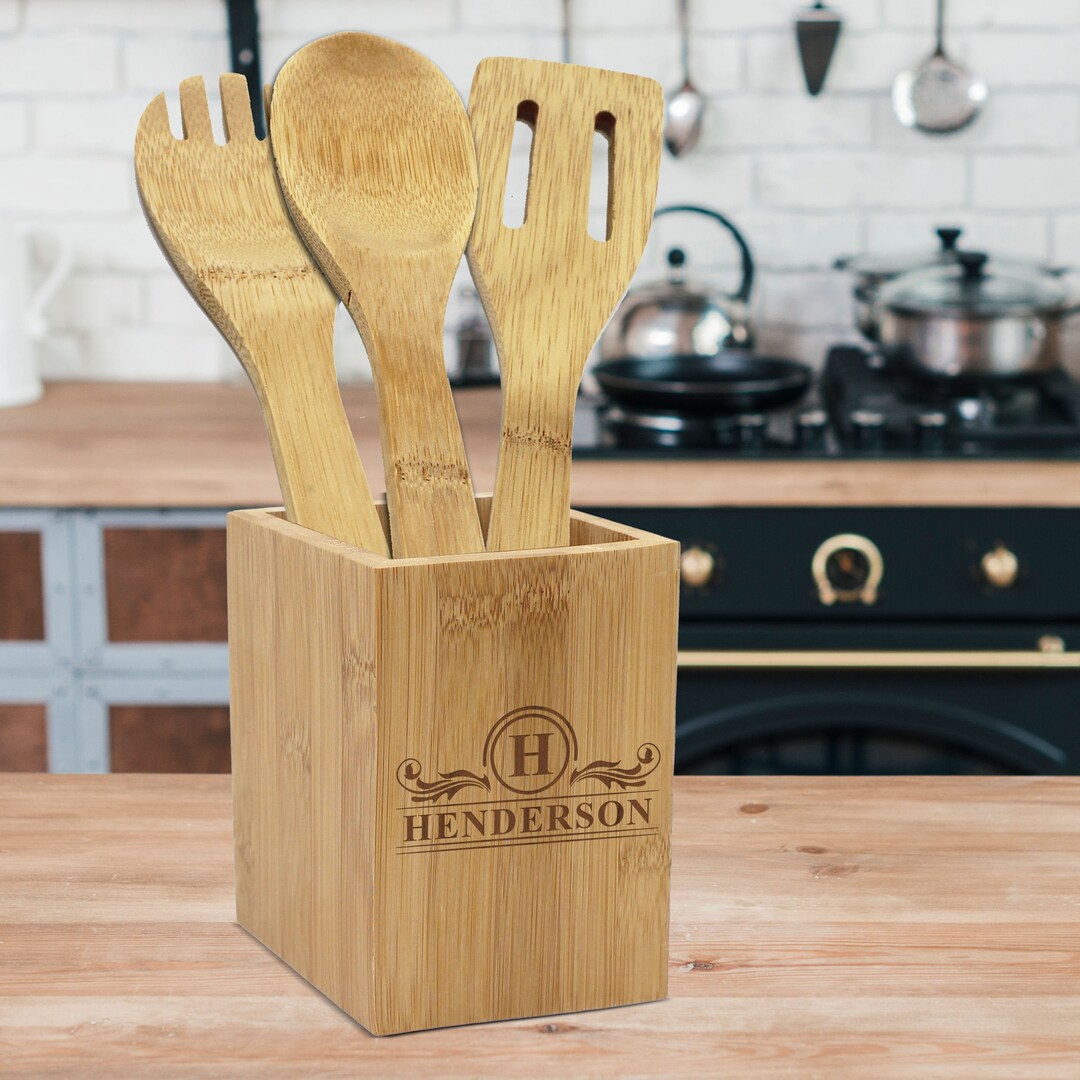 Wooden Kitchen Utensil Holder - Personalized Wood Utensil Box - Custom ...