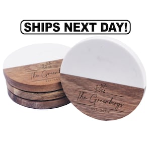 Marble and Acacia Coasters for Drinks - Couples Coasters - Personalized Marble and Wood Coasters - Wedding Coasters Marble Round