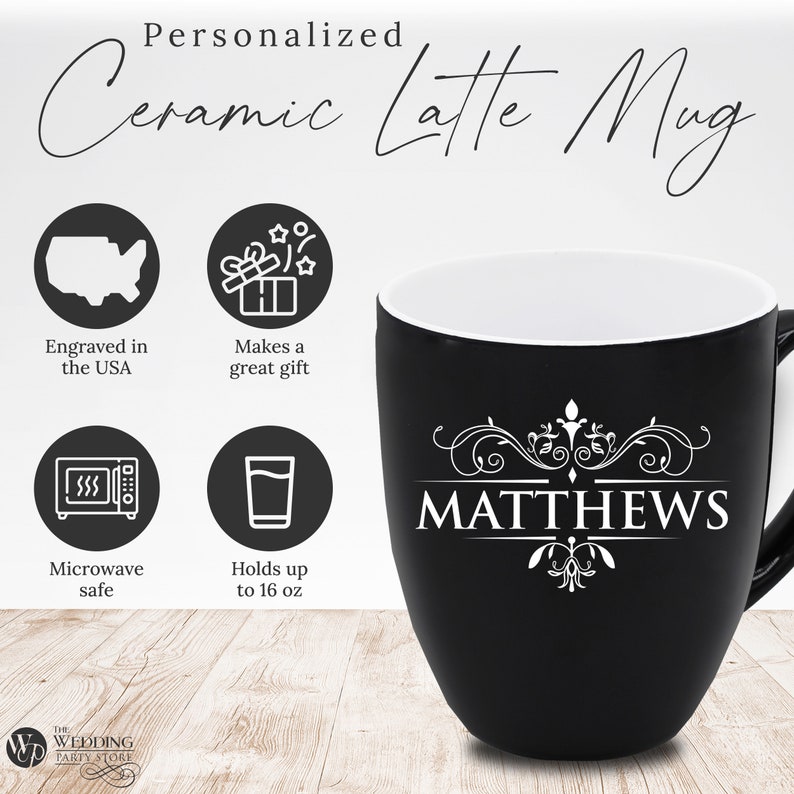May include: A black ceramic latte mug with a white interior, featuring the name "MATTHEWS" in white script. The mug is engraved in the USA and holds up to 16 oz. Additional icons indicate it's microwave safe and a great gift.
