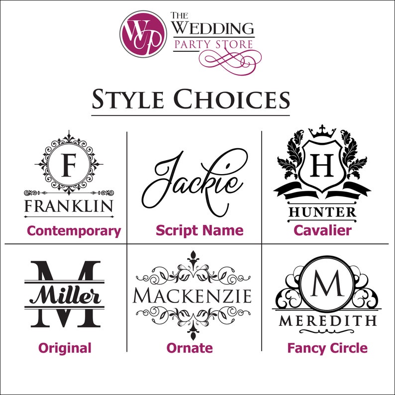 Pode incluir: Imagem mostrando op&ccedil;&otilde;es de estilo para itens personalizados. As op&ccedil;&otilde;es incluem designs com os nomes Franklin, Jackie, Hunter, Miller, Mackenzie e Meredith. Cada design &eacute; rotulado com um nome de estilo como Contemporary, Script Name e Cavalier.