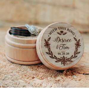 Ring Box Wood Round Ring Box Wedding Ring Boxes for Ceremony Rustic Ring Holder Monogram Ring Box His and Her Ring Box image 7