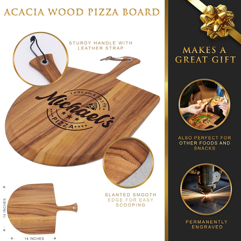 Peut inclure: Planche &agrave; pizza en bois d'acacia, 35.5 cm de diam&egrave;tre, avec une poign&eacute;e robuste et une lani&egrave;re en cuir. Comporte le texte "Michael's Pizza" et un bord inclin&eacute; pour faciliter le service. Id&eacute;al comme cadeau.