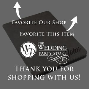May include: A black rectangular portfolio case with a zip closure. The text "FAVORITE OUR SHOP", "FAVORITE THIS ITEM", "THE WEDDING PARTY STORE", "John", and "THANK YOU FOR SHOPPING WITH US!" is displayed along with two white arrows pointing upwards.