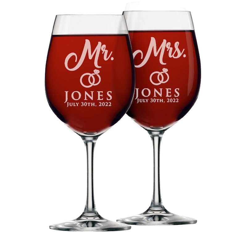 Custom Wine Glasses, Personalized Wine Glasses, Mr and Mrs Gifts, Mr and Mrs Glasses, Etched Wine Glasses, Engraved Wine Glass, Set of 2 image 1