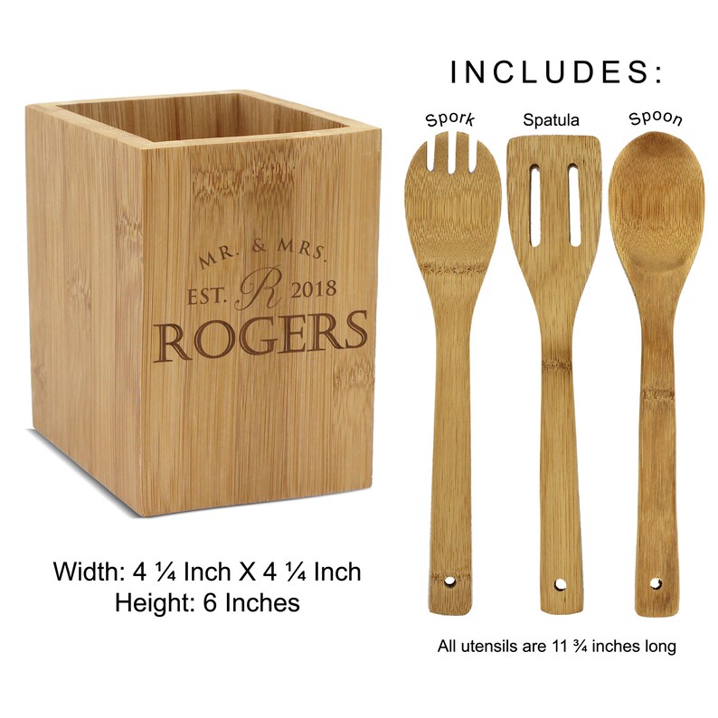 Square Bamboo Utensil Holder Custom Bamboo Wood Utensil Holder Engraved Utensil Box Kitchen Decor Kitchen Utensil Square Box Holder