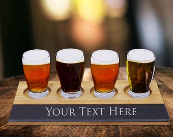 Custom Beer Flight Board - Beer Tasting Glasses and Paddle - Personalized Beer Tasting Flight - Slate and Bamboo Beer Flight with Glasses