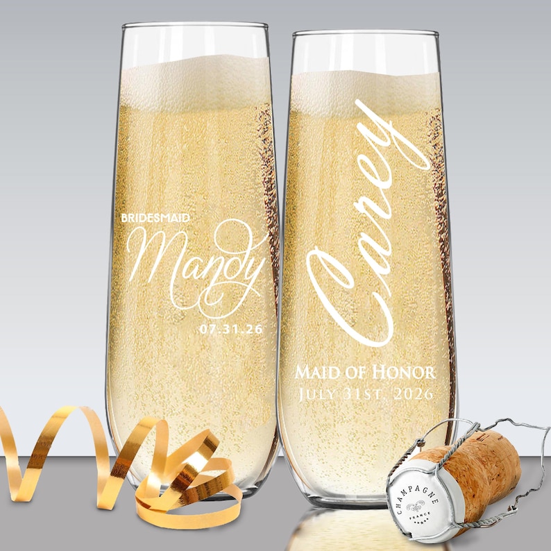 Bridesmaid Champagne Glasses - Stemless Champagne Flutes Personalized Stemless Champagne Glasses - Bride Champagne Glasses bild 1